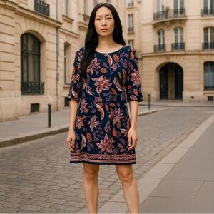 Vince Camuto Floral Shift Dress Size 12 Black Pink Navy 3/4 Sleeve Knee-Length